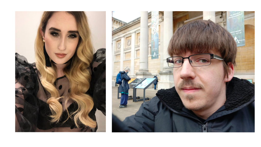 Colour images of Kimberley and Kyle. Kimberley is on the left, with long blonde hair and waring a dark coloured top. Kimberley has long black earrings on and is wearing make-up including dark eye-make-up and a pinky coloured lipstick and blusher. Kyle, is photographed on the right. He is a young white man with glasses and short brown hair. Kyle is pictured outside a museum entrance. 